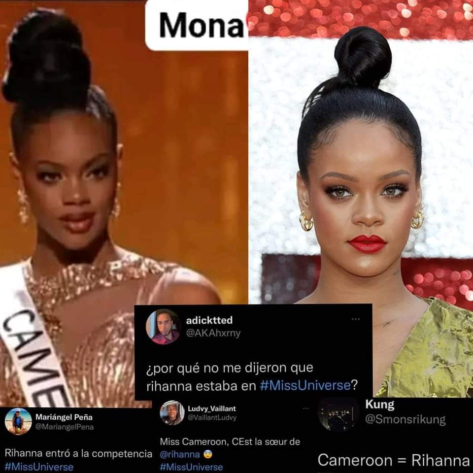 Peupah_Zouzoua's tweet photo. Avant même l'annonce des résultats de Miss Univers, la camerounaise Monalisa Mouketey fait le buzz chez les concurrents 😅

Les gens se demandent pourquoi elle ressemble autant à Rihanna 🙆🏽‍♂️🙆🏽‍♂️ FRONTchemang, nous sommes aussi étonnés 🤧 https://t.co/yDuLgiTD7V