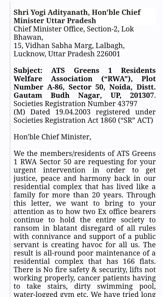 save_atsgreens1's tweet photo. @CMOfficeUP @myogiadityanath @SureshKKhanna @ChiefSecyUP @AwasthiAwanishK here is a summary of letter sent to you about SCANDAL in #ATSGreens-1 #Noida and collusion of @UPGovt Registrar office with illegal RWA office-bearers.
Awaiting your URGENT INTERVENTION & INVESTIGATION. https://t.co/W9oLkWAfEU