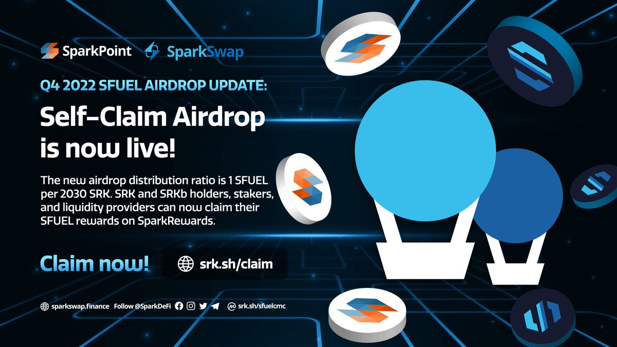 SparkDeFi's tweet image. You can now claim your $SFUEL rewards, #Sparkies! 
Head on now to #SparkRewards page to receive your tokens. ➡️ srk.sh/claim 
#SparkSwap #SparkPoint #SRK #BSC