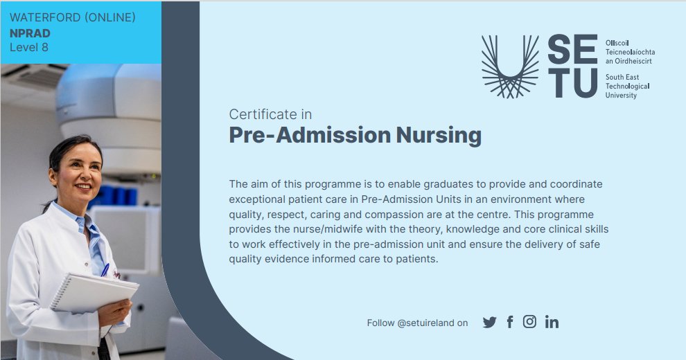 Aileen O Brien (@aileen_obrien1) on Twitter photo Last few Places available on Education module for nurses/midwives in preoperative assessment. Developed by Clinical programme for anaesthesia, funded by ONMSD and delivered by SETU online. Apply via wit.ie/courses/certif… <a href="/chiefnurseIRE/">CNO's Office</a> <a href="/GSGerShaw/">Dr. Geraldine Shaw</a> <a href="/ClinicalNcpa/">National Clinical Programme for Anaesthesia (NCPA)</a> <a href="/McCormackCEO/">Martin Mc Cormack</a> Last few Places available on Education module for nurses/midwives in preoperative assessment. Developed by Clinical programme for anaesthesia, funded by ONMSD and delivered by SETU online. Apply via wit.ie/courses/certif… <a href="/chiefnurseIRE/">CNO's Office</a> <a href="/GSGerShaw/">Dr. Geraldine Shaw</a> <a href="/ClinicalNcpa/">National Clinical Programme for Anaesthesia (NCPA)</a> <a href="/McCormackCEO/">Martin Mc Cormack</a>