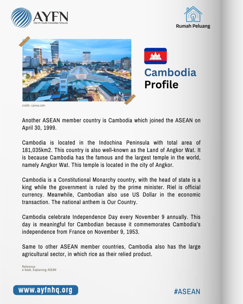 ayfnacademy's tweet photo. The profiles of ASEAN member countries. The first country is Cambodia.
#ayfn #rumahpeluang #mentorship #studentxchange #event #pertukaranpelajar #internship #youthexchange #camboja #persiapankuliah #scholarshipinfo #scholarships #toefl #ielts #asean #cambodia https://t.co/VpvBvGkyHS
