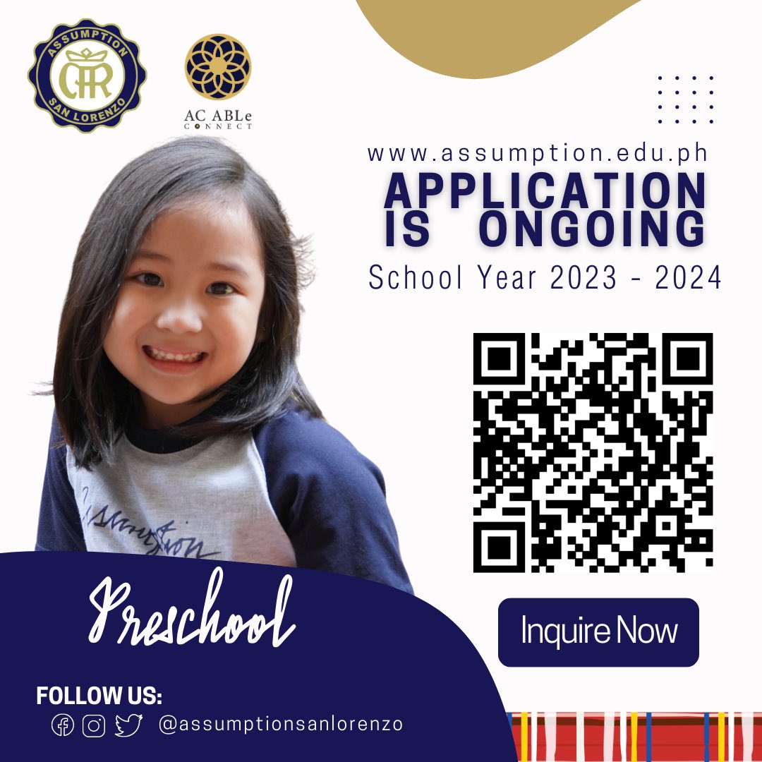 ACBasicEd's tweet image. Application is ongoing for School Year 2023-2024.

Contact us through the following:
EMAIL: acmakatibedadmissions@assumption.edu.ph
ONLINE INQUIRY: bit.ly/ACBasicEd_Admi…
or
CALL or TEXT: 
Globe: 0995.723.2646
Smart: 0999.415.4039

#Assumption
#AssumptionCollege
#TatakAssumption