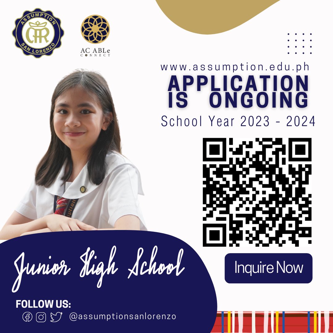 ACBasicEd's tweet image. Application is ongoing for School Year 2023-2024.

Contact us through the following:
EMAIL: acmakatibedadmissions@assumption.edu.ph
ONLINE INQUIRY: bit.ly/ACBasicEd_Admi…
or
CALL or TEXT: 
Globe: 0995.723.2646
Smart: 0999.415.4039

#Assumption
#AssumptionCollege
#TatakAssumption