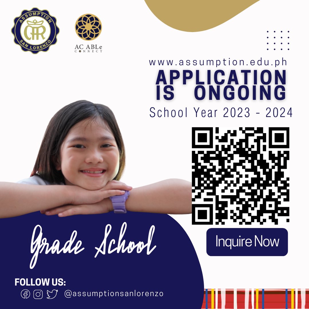 ACBasicEd's tweet image. Application is ongoing for School Year 2023-2024.

Contact us through the following:
EMAIL: acmakatibedadmissions@assumption.edu.ph
ONLINE INQUIRY: bit.ly/ACBasicEd_Admi…
or
CALL or TEXT: 
Globe: 0995.723.2646
Smart: 0999.415.4039

#Assumption
#AssumptionCollege
#TatakAssumption