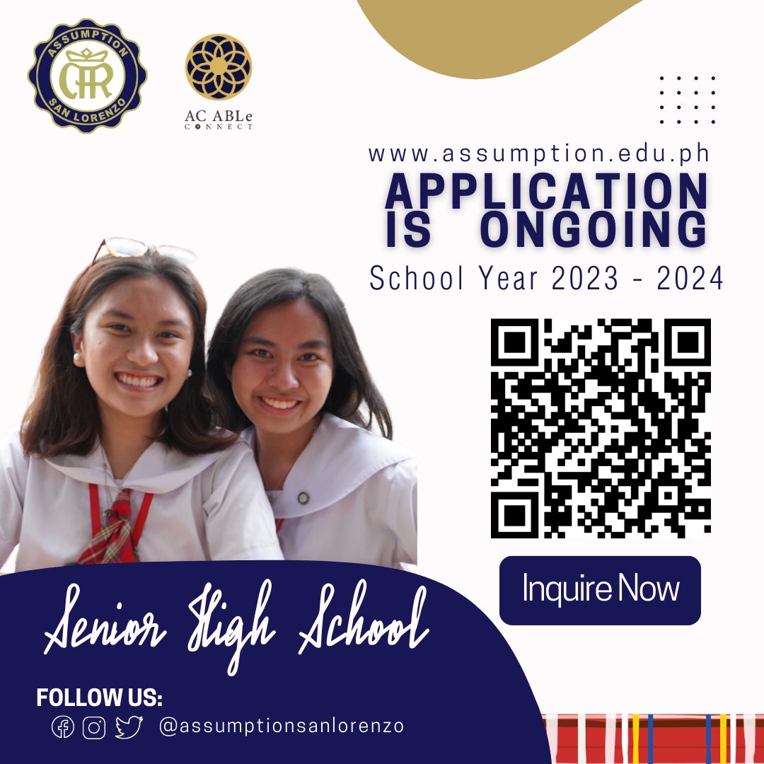 ACBasicEd's tweet image. Application is ongoing for School Year 2023-2024.

Contact us through the following:
EMAIL: acmakatibedadmissions@assumption.edu.ph
ONLINE INQUIRY: bit.ly/ACBasicEd_Admi…
or
CALL or TEXT: 
Globe: 0995.723.2646
Smart: 0999.415.4039

#Assumption
#AssumptionCollege
#TatakAssumption