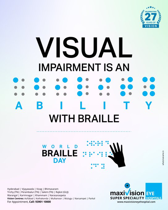 HPeterjayaraj's tweet photo. Let’s do our bit to create awareness among the visually impaired about the importance of learning Braille. They, in turn, would be easily able to communicate the same to others. Happy World Braille day!

#Maxivision #MaxivisionEyeHospital #Eyecare #Disability #WorldBrailleDay https://t.co/cMGvfc69gF