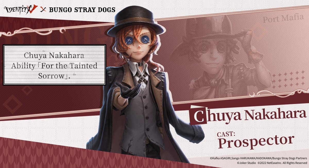 He is a leader of Port Mafia.
He regards Dazai Osamu as his lifelong rival.
Although his small height, he is a vigorous gymnastics master.
Prospector's S costume - Chuya Nakahara will be available in the store as a Crossover Package.
Share and like and we will choose 1 for 50USD
