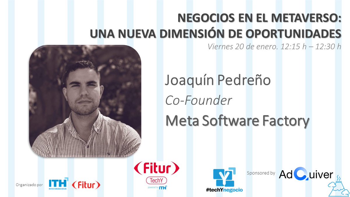 El próximo Viernes 20 de Enero 12:15h estaremos en #FITURTECHY23 hablaremos sobre negocios en el metaverso “Una nueva dimensión de oportunidad”#techYnegocio  #metaverso #innovacion
Muchas gracias a <a href="/ithotelero/">ITH</a> por la invitación.