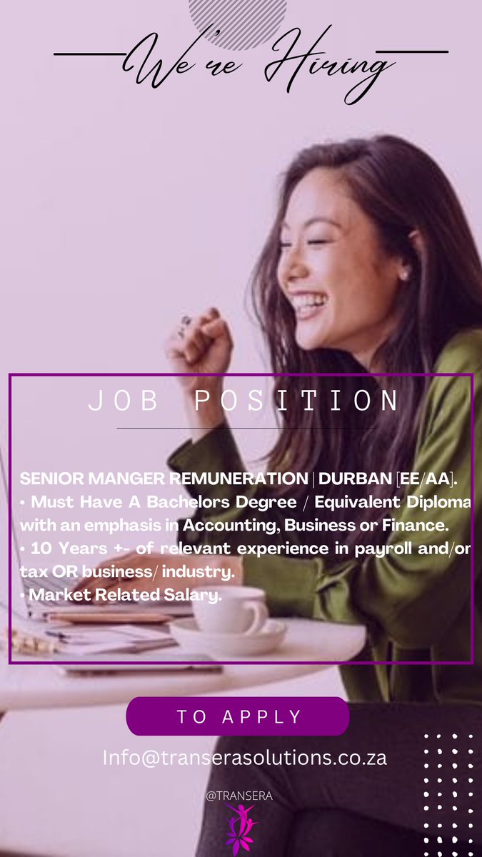 trans_era's tweet photo. NEW POSITION | We’re Hiring

To Apply : 010 023 8002
                   Info@transerasolutions.co.za 

Remunerations/ Payroll Guru! | Durban

#JobSeekersSA #JobSeekers #hiring #HIRINGNOW #DiversityandInclusion #transera https://t.co/WGXEMnGrZJ