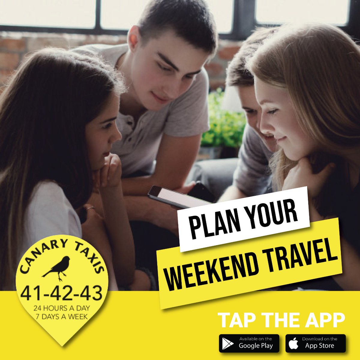 𝗣𝗟𝗔𝗡 𝗬𝗢𝗨𝗥 𝗪𝗘𝗘𝗞𝗘𝗡𝗗 𝗧𝗥𝗩𝗔𝗘𝗟 
Canary Taxis are proud to have been serving the people of Norwich since 1988. 
For Booking
Call 01603 414243 
download our app 👇
onelink.to/j3e76t
