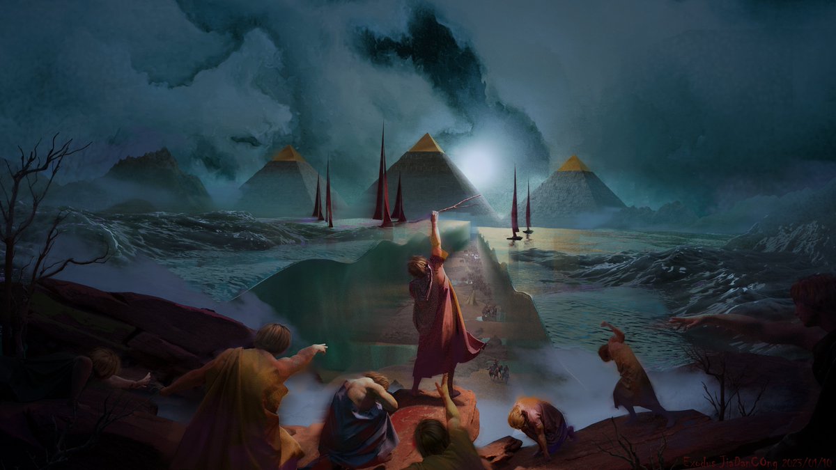 jayden_jia's tweet photo. This is a household story that needs no introduction. I tried to express this story by imitating classical oil painting and the academic painting style, focusing on painting 'hidden colors' to make the picture more colorful and epic. #Exodus https://t.co/2rRbOhqXkg