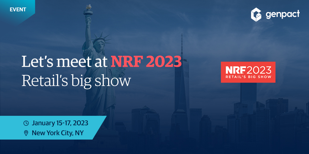 Genpact (@genpact) on Twitter photo Exciting news! Our team will be at #NRF2023 in NY from Jan 15-17. If you'll be there too, come say hi and meet us. We're looking forward to learning from industry experts and connecting with other retail pros. Hope to see you there! <a href="/NRFnews/">National Retail Federation</a> Exciting news! Our team will be at #NRF2023 in NY from Jan 15-17. If you'll be there too, come say hi and meet us. We're looking forward to learning from industry experts and connecting with other retail pros. Hope to see you there! <a href="/NRFnews/">National Retail Federation</a>