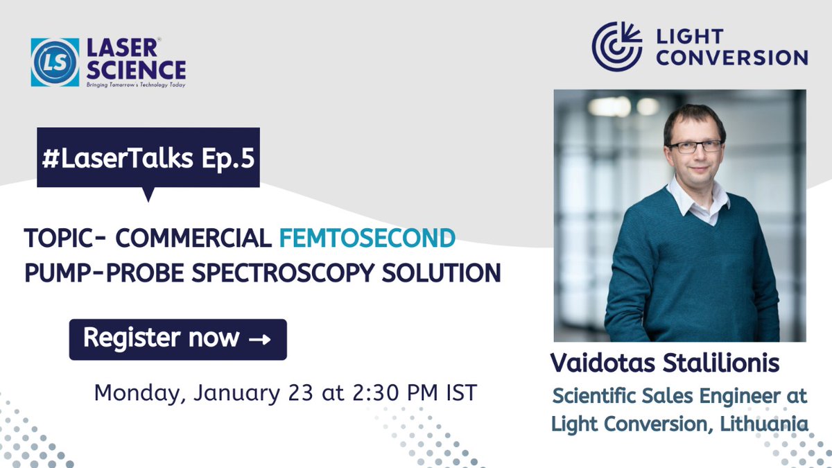 Laser Science (@laserscience) on Twitter photo We are back with our next Laser Talk.
๐ Click here to register: lnkd.in/ddTZzCFB
๐๐ฟ๐ฒ๐ฒ ๐ฟ๐ฒ๐ด๐ถ๐๐๐ฟ๐ฎ๐๐ถ๐ผ๐ป๐
#webinar #femtosecond #pumpprobe #spectroscopy #lasertalk #lasertechnology #lightconversion #laserscience #scienceandtechnology #scientificresearch We are back with our next Laser Talk.
๐ Click here to register: lnkd.in/ddTZzCFB
๐๐ฟ๐ฒ๐ฒ ๐ฟ๐ฒ๐ด๐ถ๐๐๐ฟ๐ฎ๐๐ถ๐ผ๐ป๐
#webinar #femtosecond #pumpprobe #spectroscopy #lasertalk #lasertechnology #lightconversion #laserscience #scienceandtechnology #scientificresearch