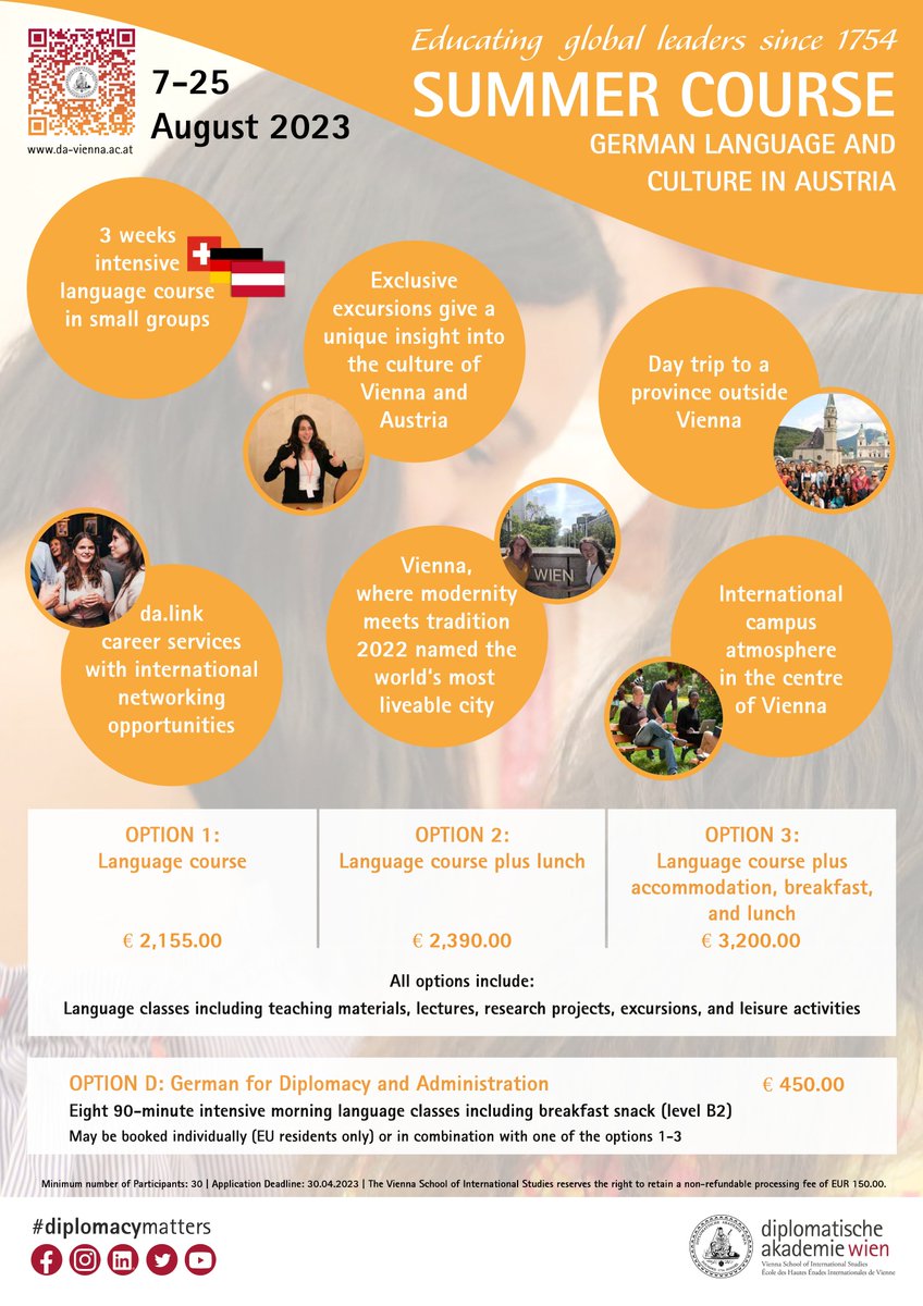 AustriainIndia's tweet image. 📚🇦🇹 @DA_vienna is offering a &apos;#𝐒𝐮𝐦𝐦𝐞𝐫𝐂𝐨𝐮𝐫𝐬𝐞 𝐟𝐨𝐫 #𝐆𝐞𝐫𝐦𝐚𝐧𝐋𝐚𝐧𝐠𝐮𝐚𝐠𝐞 𝐚𝐧𝐝 𝐂𝐮𝐥𝐭𝐮𝐫𝐞 𝐢𝐧 𝐀𝐮𝐬𝐭𝐫𝐢𝐚&apos;

🗓Course Dates: 07–25 August 2023
⛔️#ApplicationDeadline: 30 April 2023

➡️Flyer below for detailed info. or website: da-vienna.ac.at/en/Languages/G…