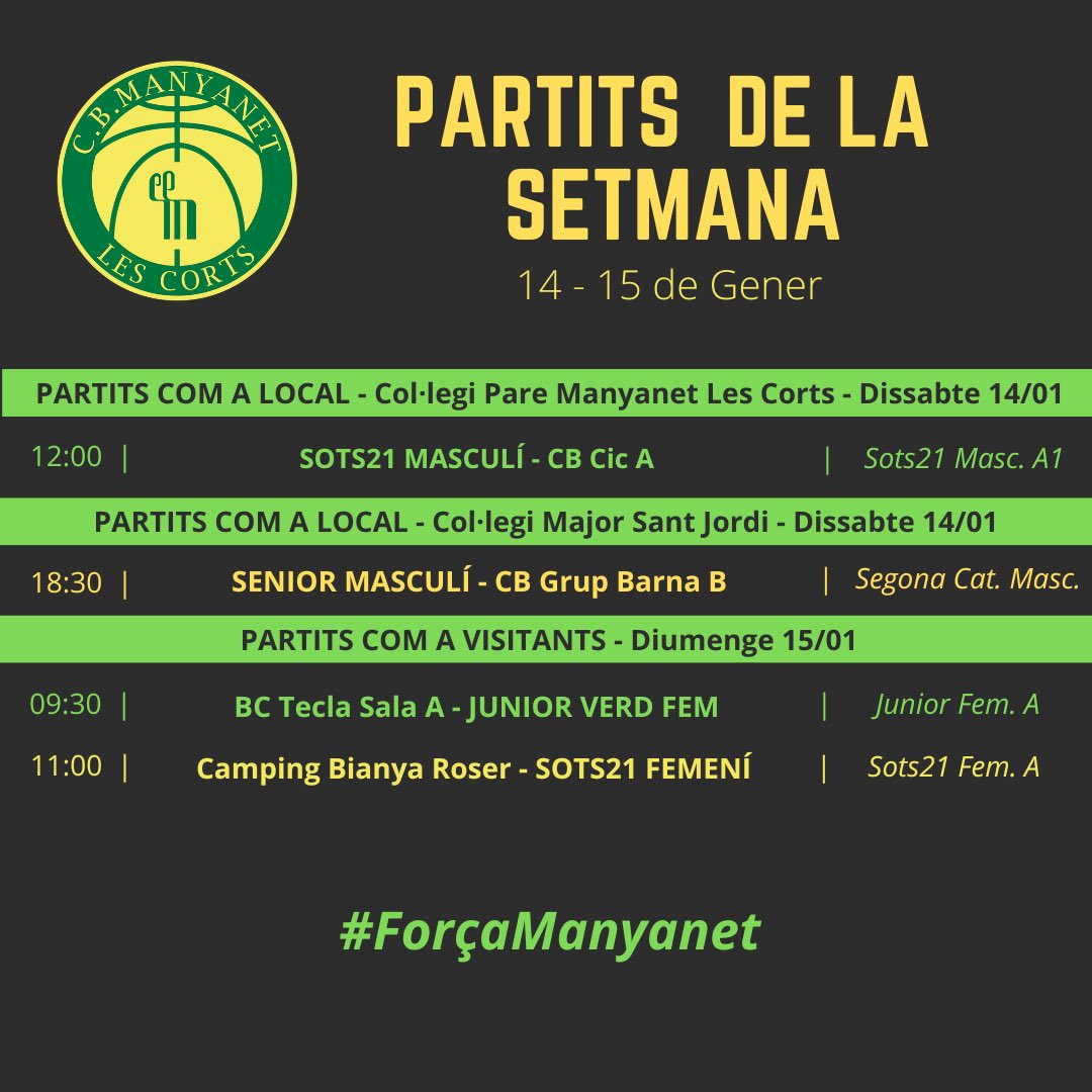 CBManyanet's tweet image. ➡️ Dos partits com a visitants diumenge

Amb ganes de tornar-hi tots a la càrrega🔥

#suemverdigroc 
#ForçaManyanet 💚💛