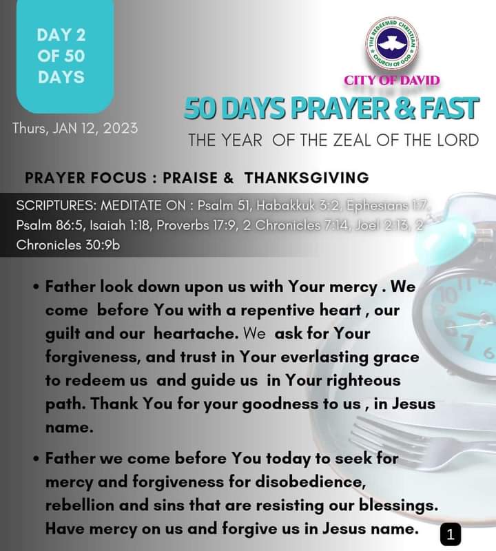RCCGCityofDavid's tweet photo. DAY 2 Prayer Points for #50DaysFast - Thursday, January 12, 2023
Also see details of our daily prayer schedule during the Fast.
#RCCGFast
#RCCGFast2023
#CODDailyPrayerPoints https://t.co/sASGuu5Muc