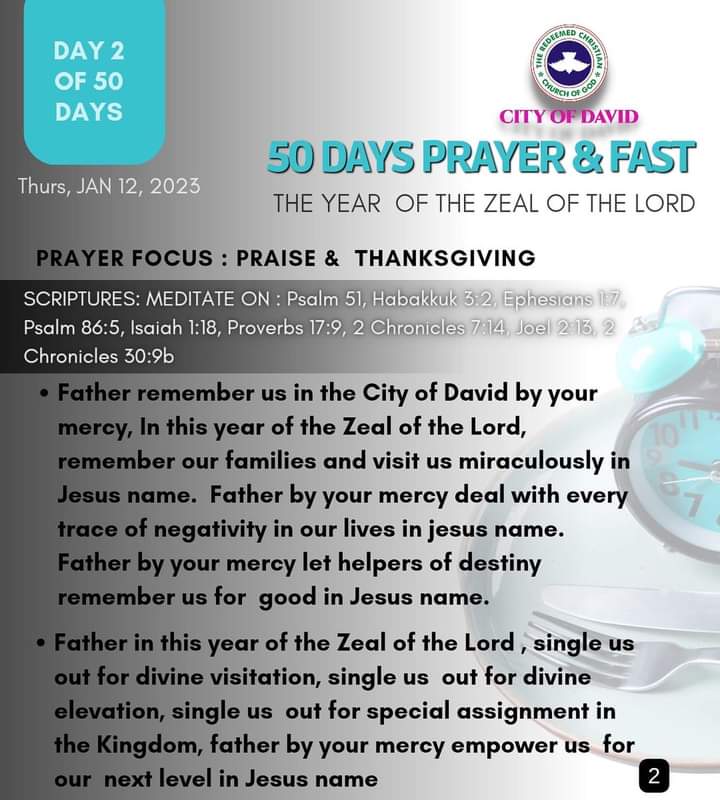 RCCGCityofDavid's tweet photo. DAY 2 Prayer Points for #50DaysFast - Thursday, January 12, 2023
Also see details of our daily prayer schedule during the Fast.
#RCCGFast
#RCCGFast2023
#CODDailyPrayerPoints https://t.co/sASGuu5Muc