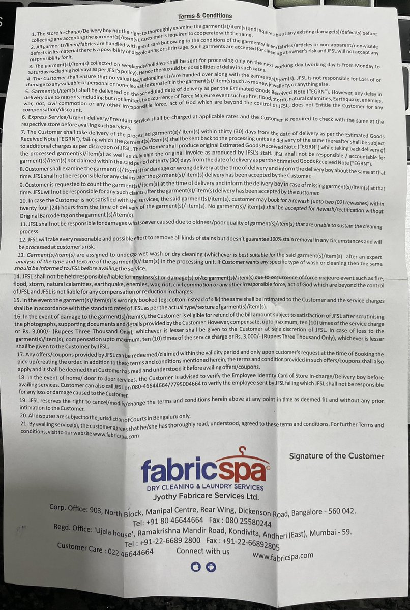 phssssst's tweet photo. FabricSpa@Powai destroyed my Brand New Shervani &amp; slapped me with "Terms &amp; Condition". This is 4 everyone 2 read T&amp;C before giving ur garment. Worst is WORST CS, they don't care &amp; they don't revert, V have 2 keep going 2 them with join hands 2 give us a reply. @fabricspa #sucks https://t.co/DctavgXCRO
