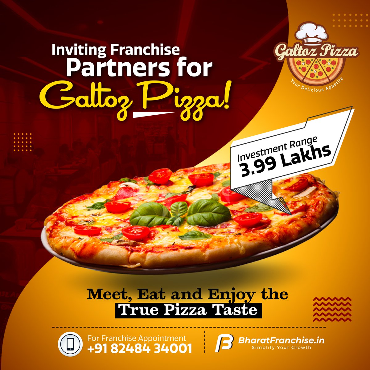 We are happy to onboard #GaltozPizza, a tasty pizza chain. Who Doesn't Love Pizza? Buying this franchise will help you make a good profit.

Call us at 82484 34001 for franchise appointments. 

#PizzaFranchise #QSRFranchise #BharatFranchise #franchisestrategy #franchisetraining