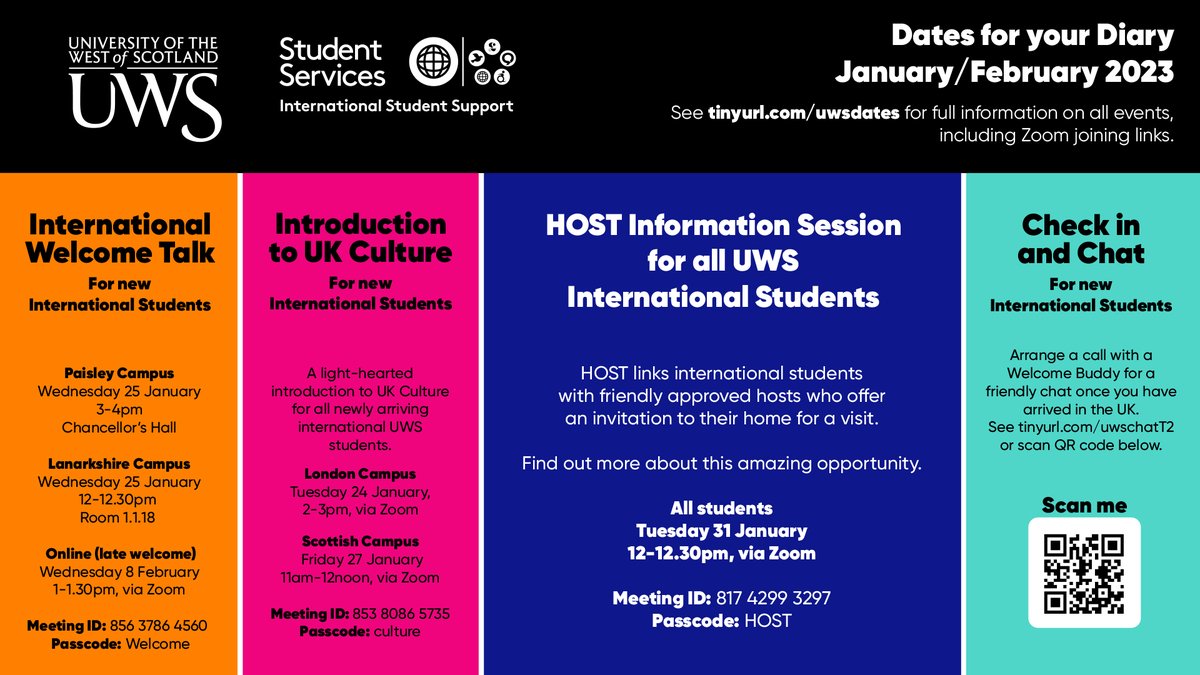 There's lots happening in the new term for new & continuing @UniWestScotland international students. For full details of all events including joining info, see tinyurl.com/uwsdates