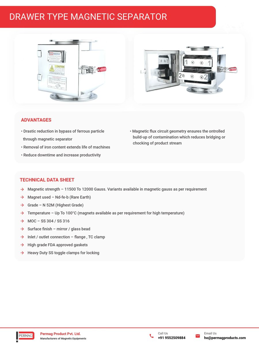 PermagP's tweet photo. Permag Products manufactures high-quality magnetic equipments are widely used in food, pharmaceutical, chemical, automobile, plastic,  and other processing industries. 

#magneticseparator #magneticseparatorsupplier #magneticequipmentmanufacturer #permagproducts https://t.co/GRq9dONE0I