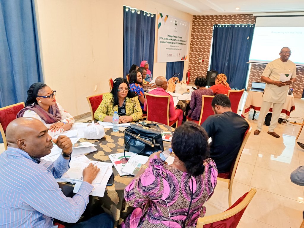 inecnigeria's tweet photo. Day-2:
Training of Master Trainers (STOs, ASTOs &amp; HQ Staff) on the Management of Electoral Training ahead of the #NigeriaDecides2023 Election in Abuja.
Facilitators taking participants through:
✓ Election Day Procedures
✓ Setting Up the Polling Unit

Cc:
@IFES1987 
@IFESNigeria https://t.co/Ud8jKO3gEL
