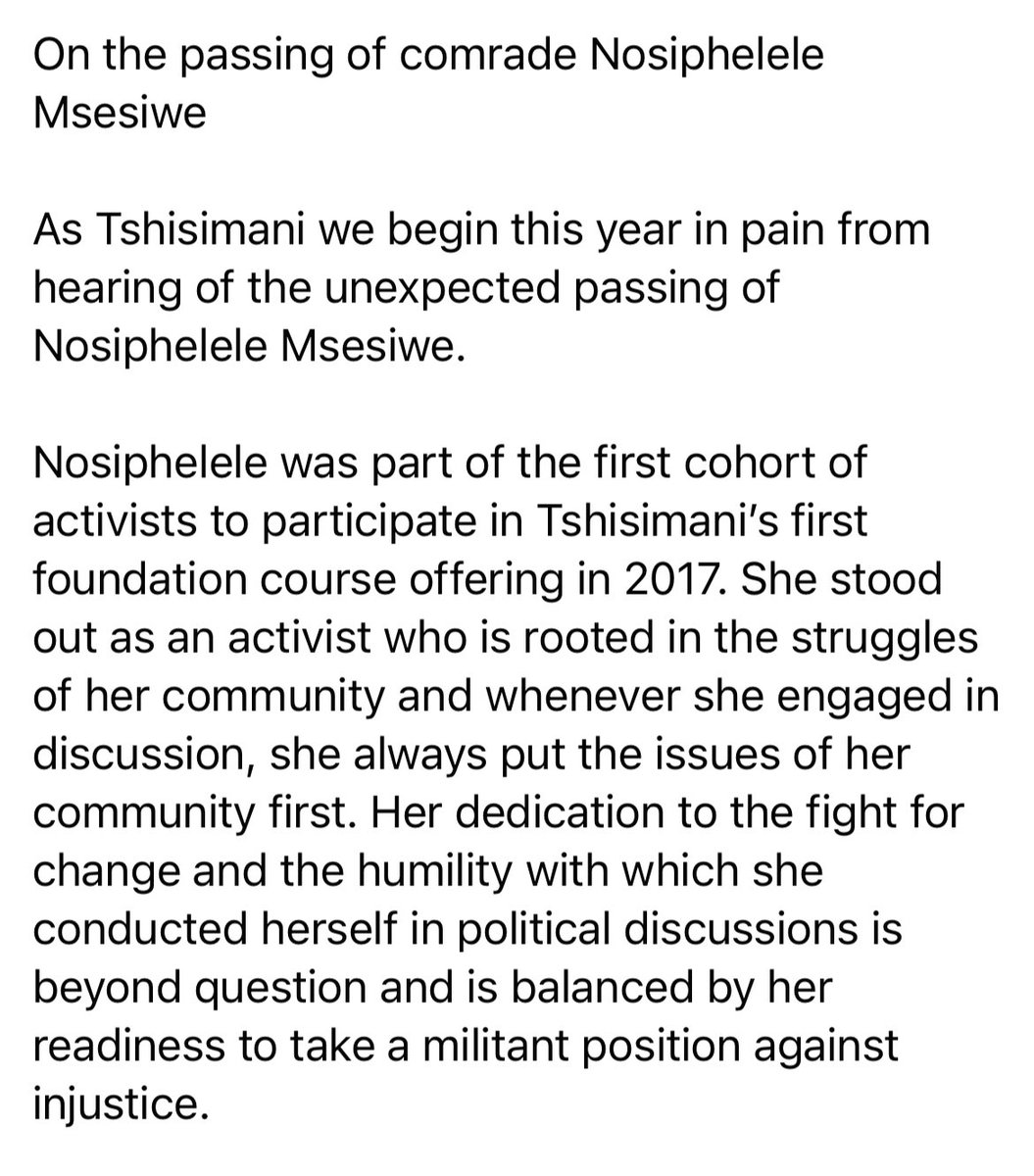 Tshisimani's tweet photo. On the passing of comrade Nosiphelele Msesiwe https://t.co/AKVWx1Bw5S