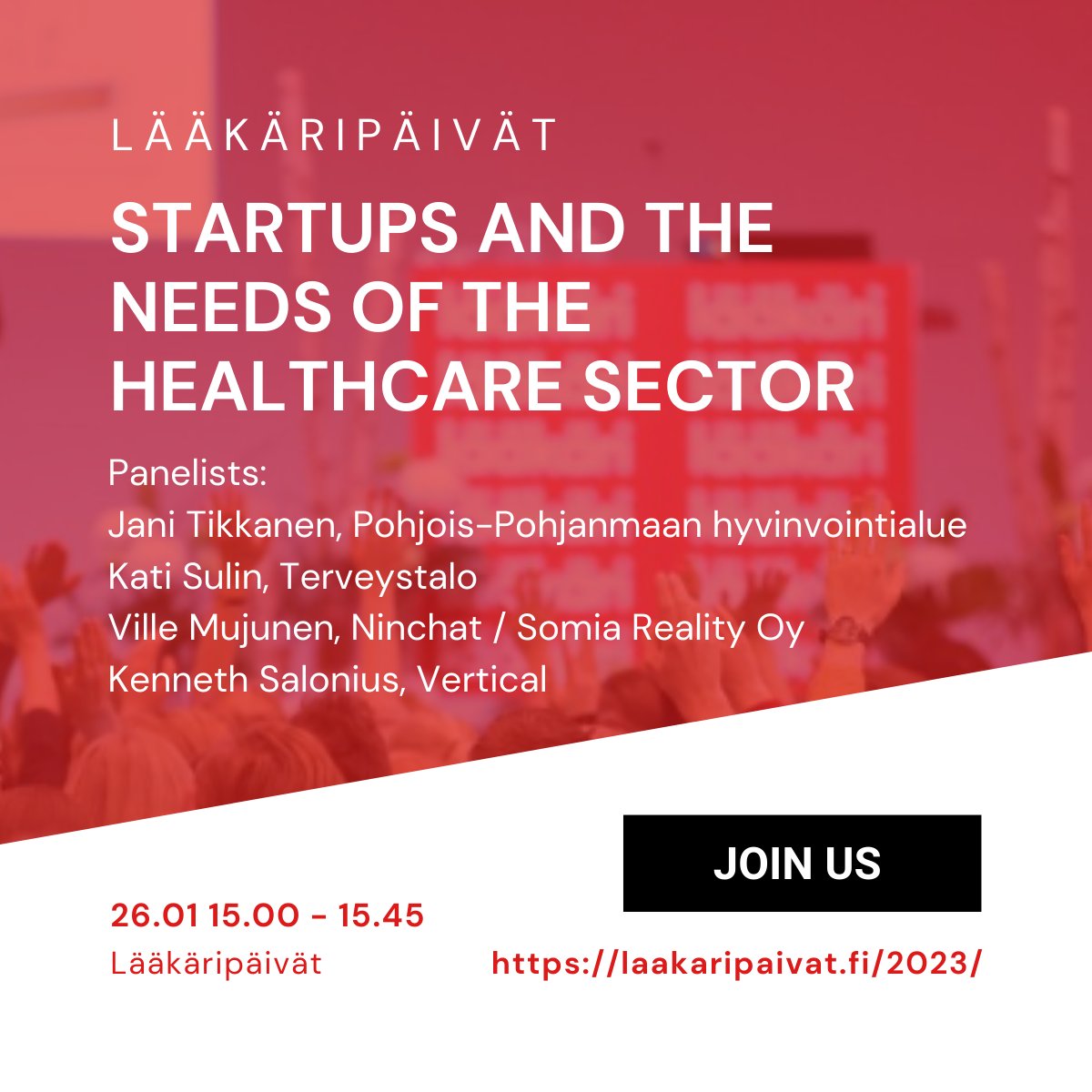 Vertical (@verticalvc) on Twitter photo We are excited about the upcoming #Lääkäripäivät!
On 26.1.2023, 15-15.45, <a href="/ksalonius/">Kenneth Salonius</a> will be hosting the panel "Startups and the needs of the healthcare sector" with @tikkanenja, Kati Sulin, and <a href="/viljander/">Ville Mujunen</a>. Let's discuss how the healthcare sector and startups could cooperate! We are excited about the upcoming #Lääkäripäivät!
On 26.1.2023, 15-15.45, <a href="/ksalonius/">Kenneth Salonius</a> will be hosting the panel "Startups and the needs of the healthcare sector" with @tikkanenja, Kati Sulin, and <a href="/viljander/">Ville Mujunen</a>. Let's discuss how the healthcare sector and startups could cooperate!