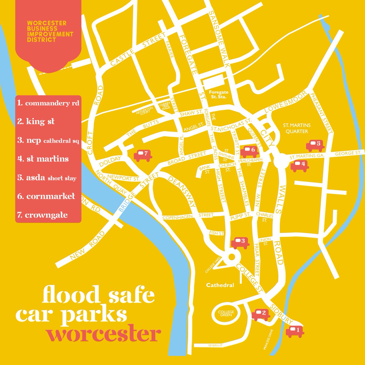 WorcesterBID's tweet photo. ❗️  Flood update ❗️

Due to the rising levels of the River Severn please use our map to find suggested car parks. Worcester is still #open4business! For an exhaustive parking list please visit https://t.co/I8uGoIQOcp

#makeitworc #worcester #worcestercarparks https://t.co/621PKPe2mu