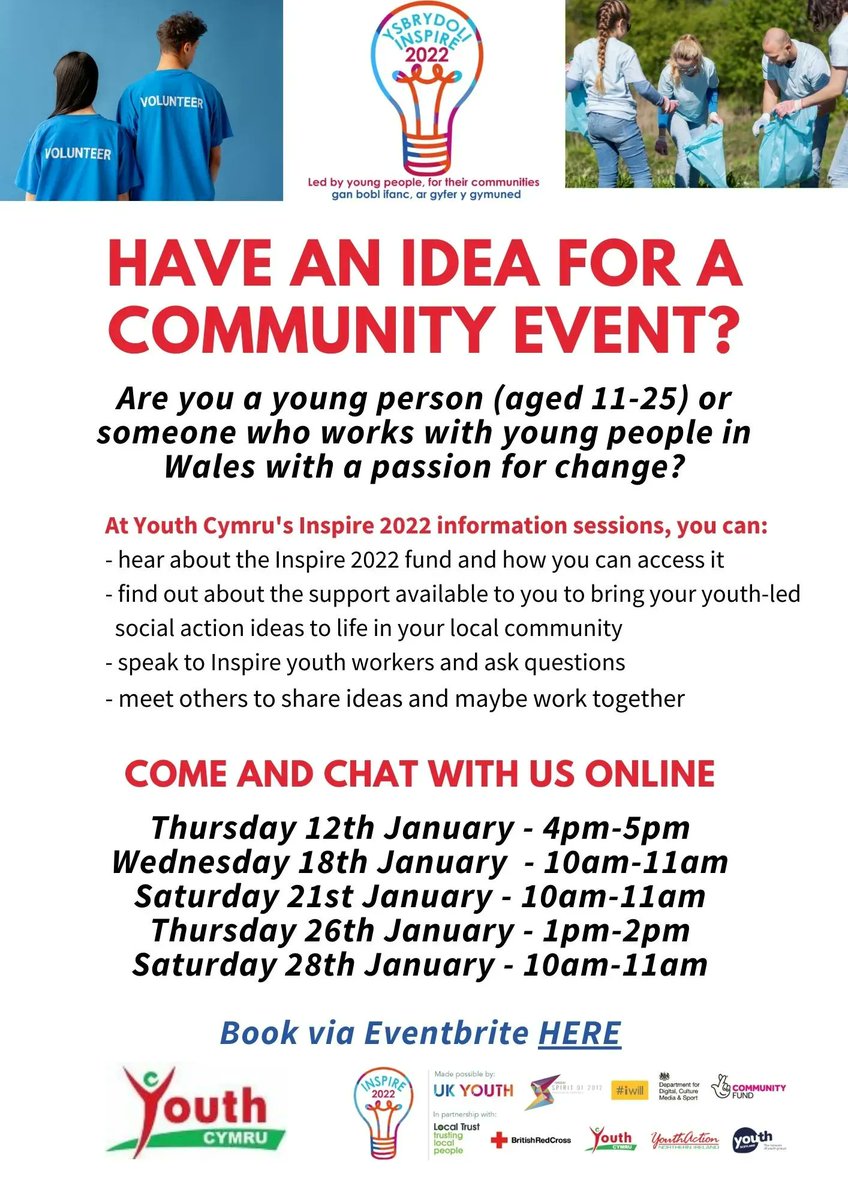 Have an idea for a community event? Come along this afternoon at 4pm (online) to find out what our #Inspire2022 grant can fund.Funding up to £5k available, don't miss out and sign up today! buff.ly/39jga5a
@YWWales @Urdd @CWVYS @CFfICymru 
#socialaction #youthwork #events