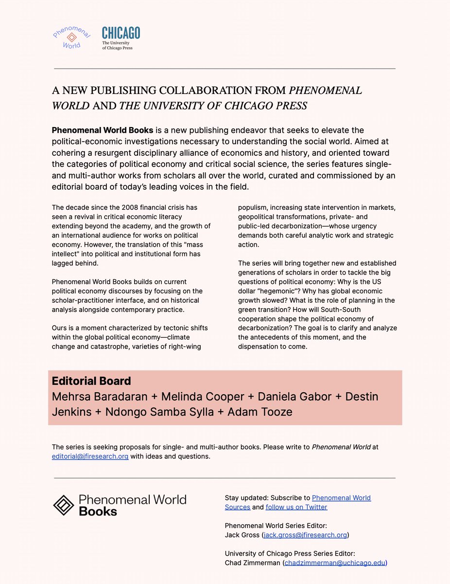 We are extremely thrilled to announce a collaboration with @UChicagoPress: a new book series on political economy and the critical social sciences. Edited by @MehrsaBaradaran, @danielagabor, @DestinKJenkins, @nssylla, @adam_tooze, and Melinda Cooper. phenomenalworld.org/events/announc…