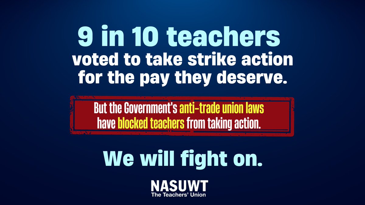 NASUWT's tweet photo. Our ballot turnout was 42% higher than the turnout to elect the Prime Minister &amp; 7% higher than the average local govt election turnout.

But the Govt's anti-trade union laws will block teachers from taking action to win fair pay.

We will fight on for a #BetterDealForTeachers. https://t.co/YtVlQBBY2A