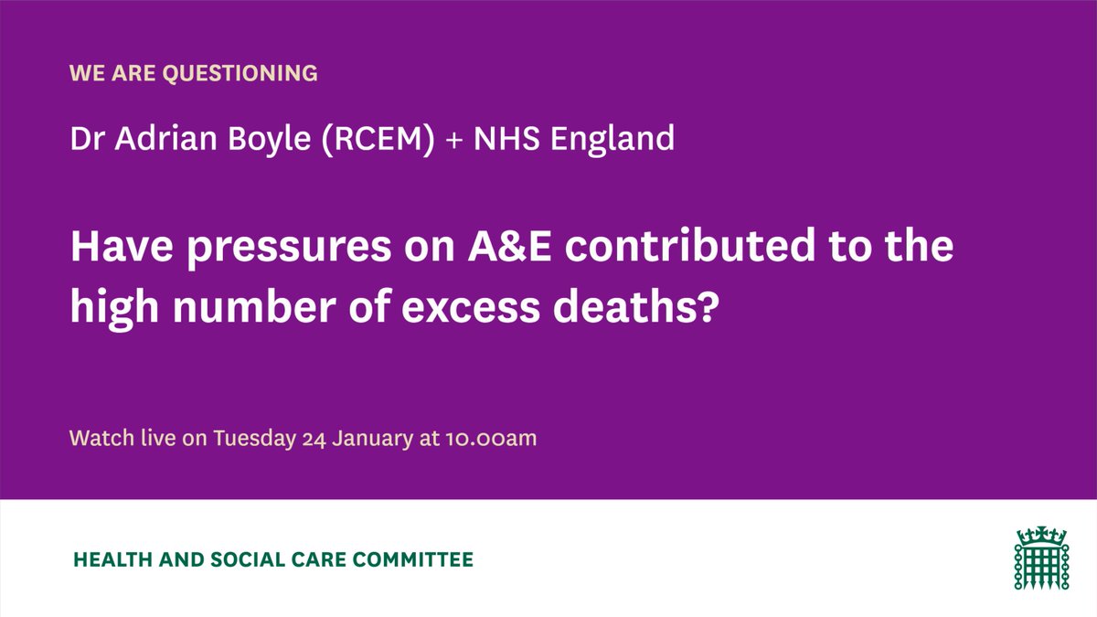 CommonsHealth's tweet photo. On Tues 24th January, we'll be examining the extent to which pressures in A&amp;E contributed to the recently reported high number of excess deaths.

@RCEMpresident Dr Adrian Boyle will be questioned on his suggestion that the two are linked, and @NHSEngland will give their analysis. https://t.co/jCAQuPyFrt