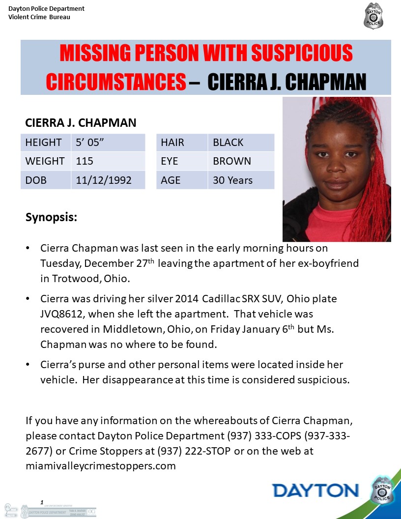DaytonPolice's tweet photo. Dayton Police are asking for help with a missing person case.

•Cierra Chapman last seen in Trotwood, Ohio during the early morning hours of 12/27/2022.

•Her disappearance is considered suspicious https://t.co/Bv6OF3fGaW