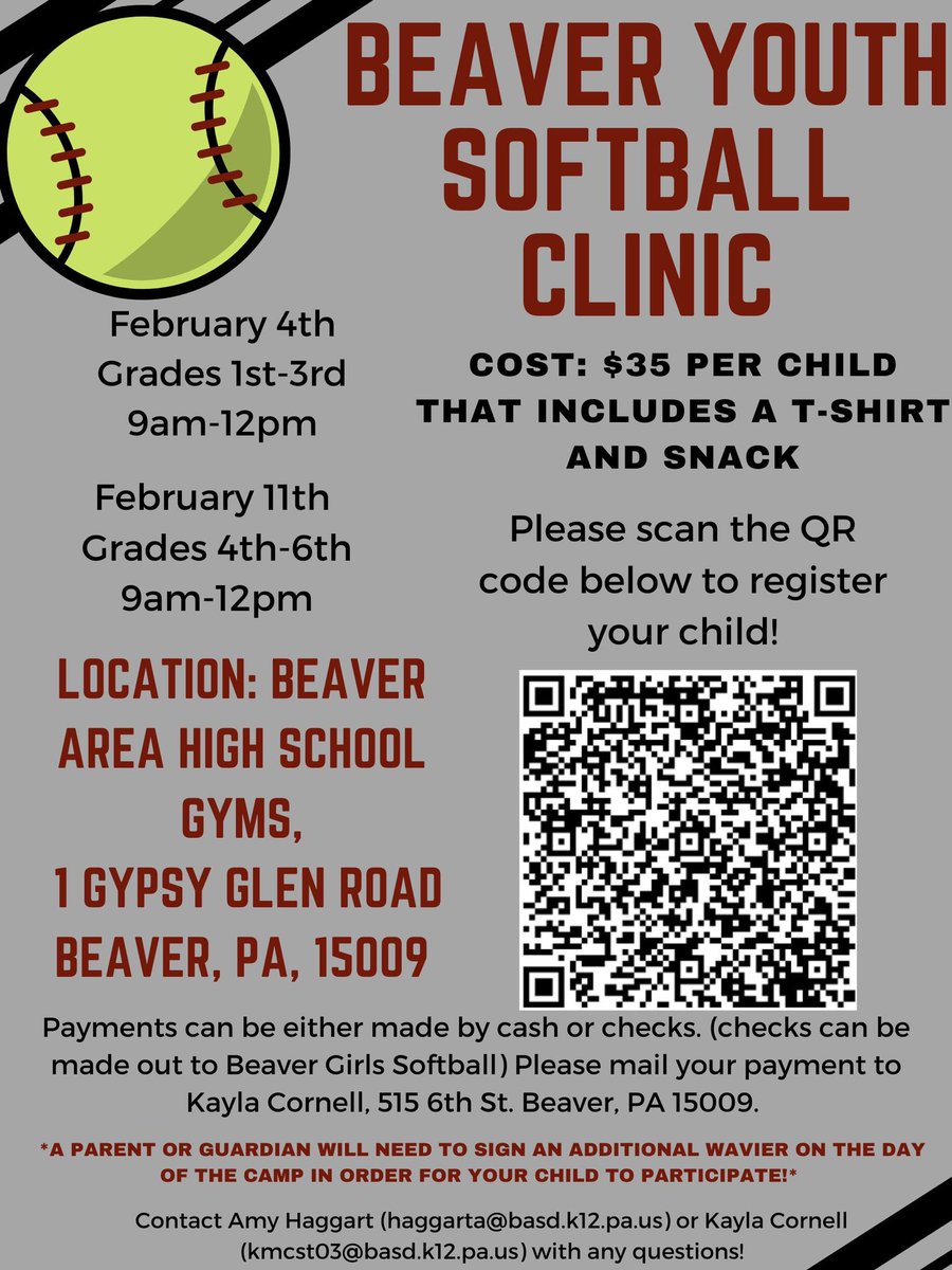 The Beaver Bobcats Softball program is hosting a youth clinic on Feb. 4th & 11th for girls in grades 1-6. Register today! @BeaverArea #BeaverSoftball 🐾🥎