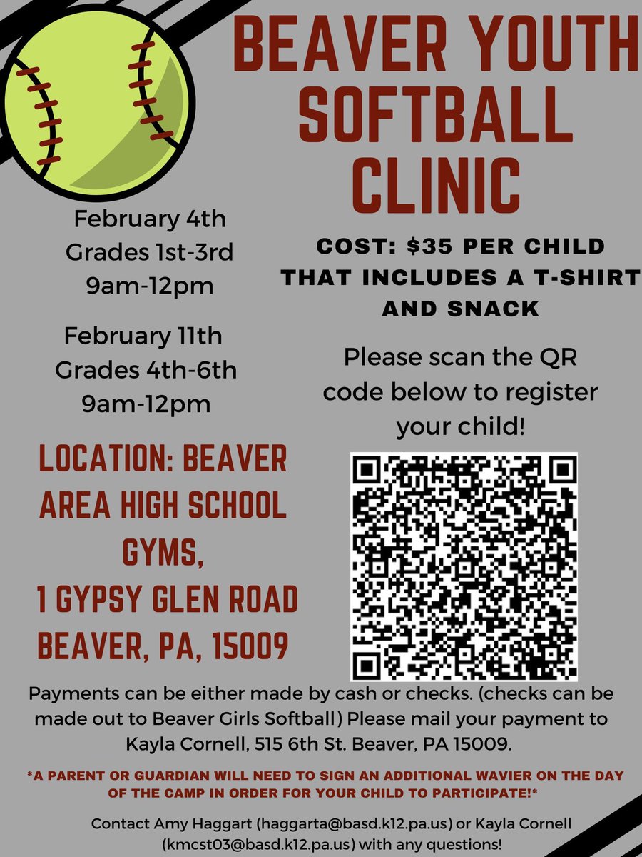 The Beaver Bobcats Softball program is hosting a youth clinic on Feb. 4th &amp; 11th for girls in grades 1-6. Register today! <a href="/BeaverArea/">Beaver Area Softball</a> #BeaverSoftball 🐾🥎