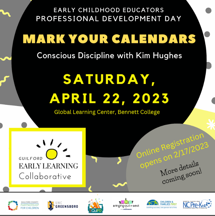 uncg_botb's tweet photo. Mark your calendars for the Early Childhood Educator's Professional Development Day!
Saturday, April 22, 2023 at the Global Learning Center, Bennett College.
Online registration opens on February 17, 2023. More details soon! https://t.co/fz9lXTvuJZ