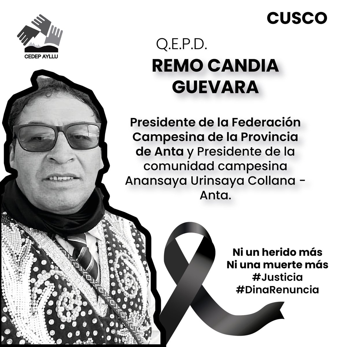 AylluCedep's tweet photo. 🇵🇪🚨 #CrisisEnPerú 
#Cusco
⚠ Exigimos que se detenga de inmediato el uso excesivo de la fuerza contra la población civil y el respeto a los #DerechosHumanos.
⚫️Expresamos nuestro más sentido pésame a la provincia de Anta, a sus familiares y amigos.
.
.
.
#Justicia 
#DinaRenuncia https://t.co/LKYzUbzbJn