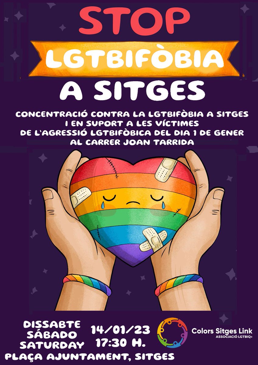 AjSitges's tweet photo. 📣 Aturem la #lgtbifòbia. 

🌈Dissabte, a les 17.30 hores, hi ha convocada una manifestació a la plaça de l'Ajuntament contra la lgtbifòbia i en suport a les víctimes de l'agressió del dia 1 de gener al carrer Joan Tarrida. https://t.co/ojQPD2y6xS