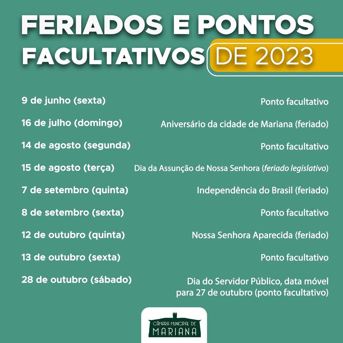 Câmara de Anchieta publica portaria com feriados e pontos facultativos