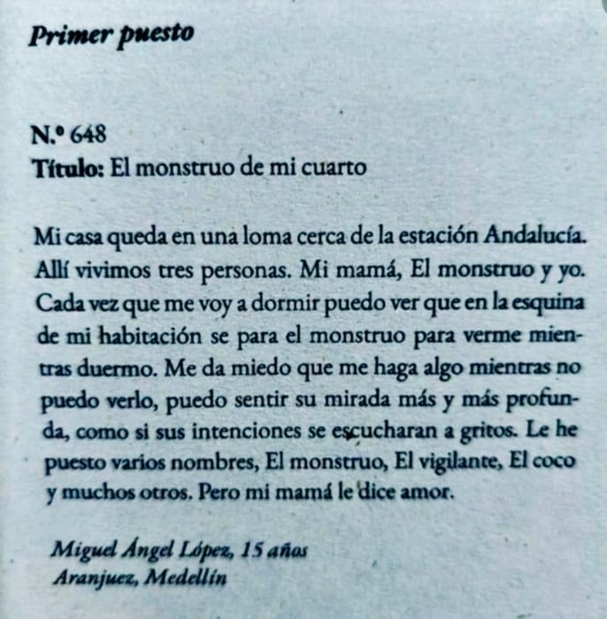 stiwenth13's tweet photo. Cómo duele…. 
El miedo que viven niñas, niños y adolescentes frente a un abusador es estremecedor. 
Así lo narra Miguel Ángel López Henao de 15 años, autor del cuento “El monstruo de mi cuarto”, quien fue el ganador del concurso Medellín en 100 palabras del año 2022 https://t.co/yjwXJXb07l