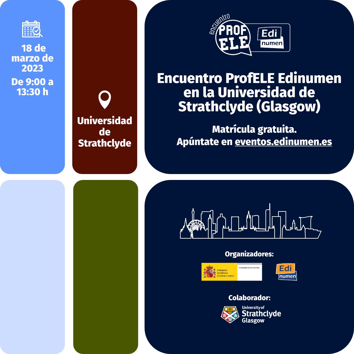 Edinumen's tweet photo. 🏴¿Das clase de #ele en Escocia?
Te esperamos en el próximo ProfELE de Glasgow del 18 de marzo.
👉Hablaremos sobre temas como el aprendizaje cooperativo y los factores afectivos en el aula.
🔗 Para más información 👉 https://t.co/2u9fgUM3Bn
#Profesdeele #españolenescocia https://t.co/wAtc3RhVjK