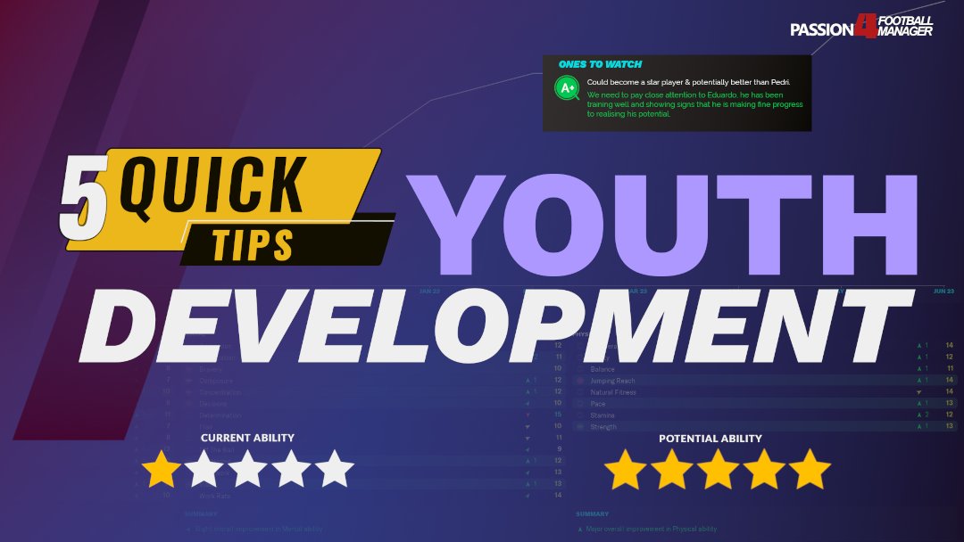 Passion4FM's tweet photo. NEW ▶️ 5 Quick Tips for Youth Development on #FM23
@franklyfm84 brings you five ways to increase the progress of your youth talents on Football Maanager 2023
Develop the star ratings with these #FMTips ...
https://t.co/tuk10u1EUJ https://t.co/Mbtbfwu1eg