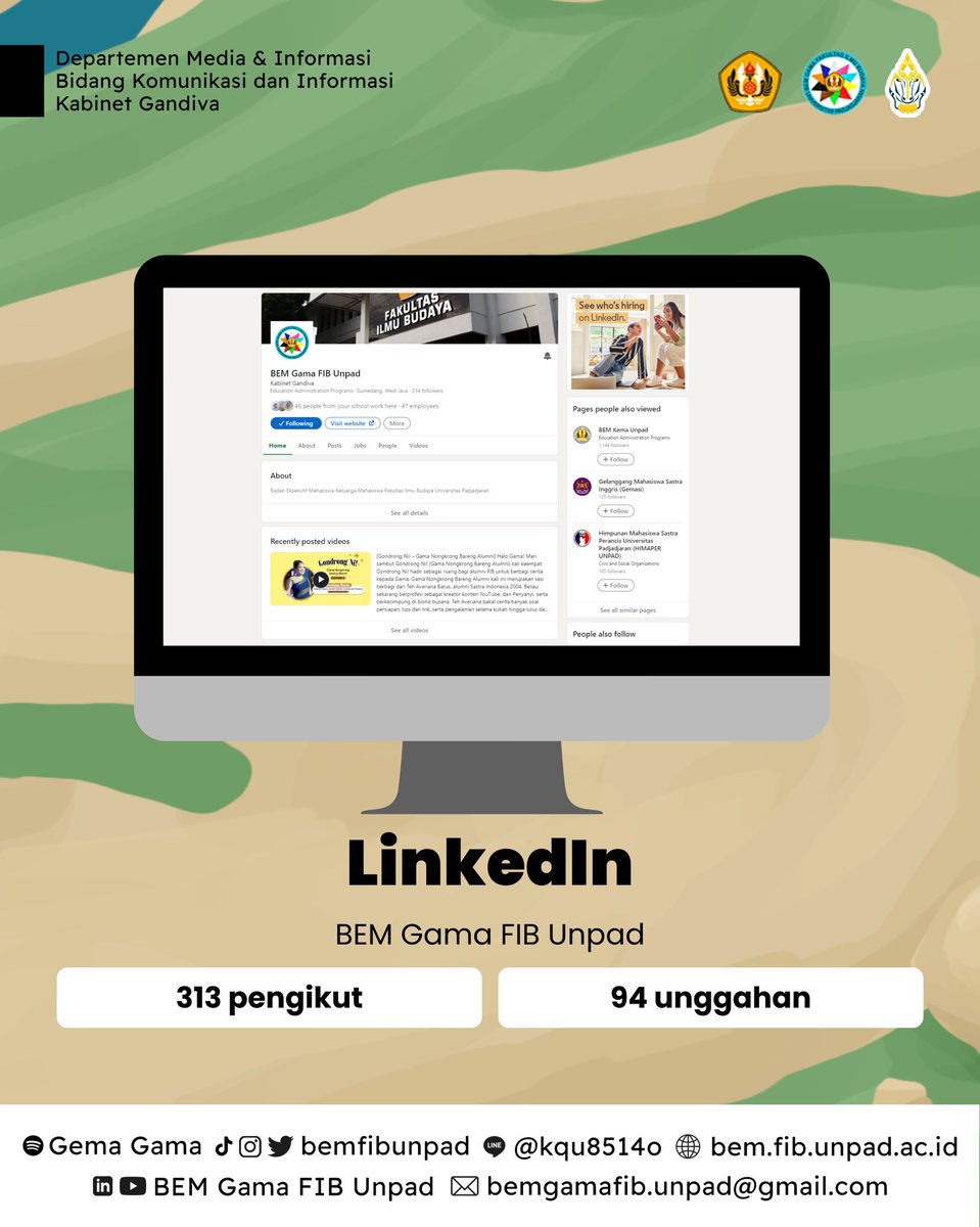 [Pencapaian Kabinet Gandiva Termin 2]

Seluruh kegiatan dan informasi telah disebarkan oleh BEM Gama FIB Unpad Kabinet Gandiva di seluruh media sosial utama kami; Spotify, Twitter, LinkedIn, TikTok, YouTube, Instagram, LINE,  hingga media penunjang yang Kabinet Gandiva miliki.