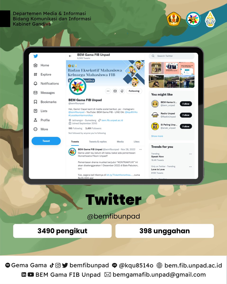 [Pencapaian Kabinet Gandiva Termin 2]

Seluruh kegiatan dan informasi telah disebarkan oleh BEM Gama FIB Unpad Kabinet Gandiva di seluruh media sosial utama kami; Spotify, Twitter, LinkedIn, TikTok, YouTube, Instagram, LINE,  hingga media penunjang yang Kabinet Gandiva miliki.