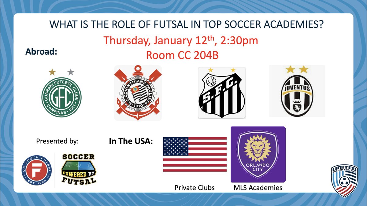 MarAntonelli1's tweet photo. If you are at the United Soccer Convention, come over today, Thursday, January 12th, 2:30pm to room CC 204B to learn how top soccer clubs in the World profit millions of dollars selling players, and futsal is a big part of it!
We will also discuss the American setting. https://t.co/Iu91wuG1gs