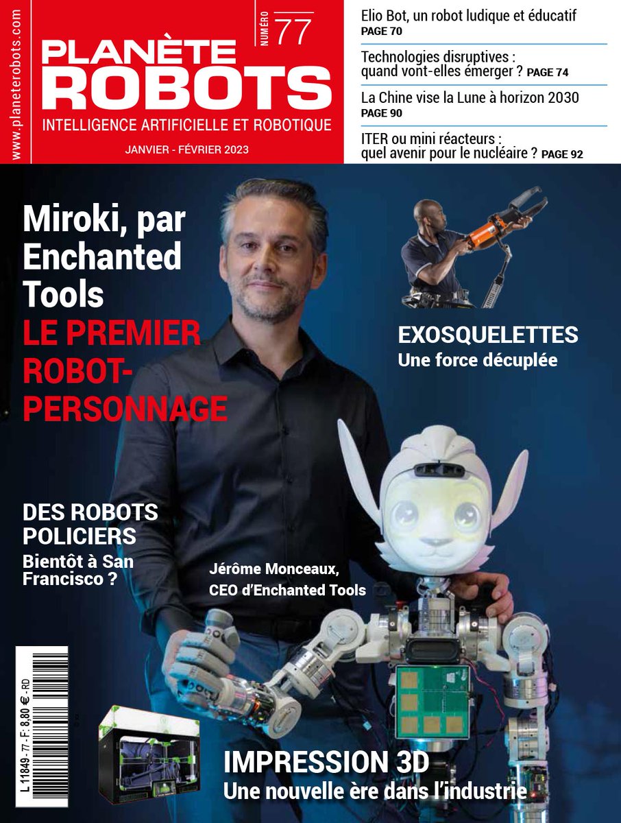 Le robot Miroki  <a href="/EnchantedTools/">Enchanted Tools</a> est en Une du nouveau numéro de <a href="/planeterobots/">Planète Robots</a>, en kiosque demain 13 janvier 2023. Ce premier numéro de l’année fait par ailleurs une large place aux exosquelettes et à l’impression 3D, objets chacun d'un dossier spécial. Bonne lecture !