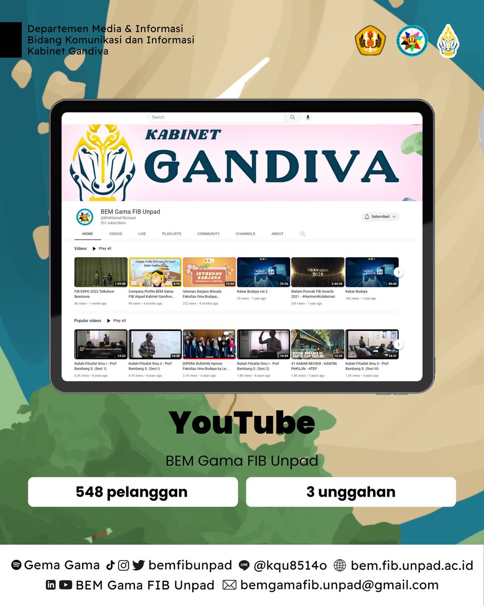 [Pencapaian Kabinet Gandiva Termin 2]

Seluruh kegiatan dan informasi telah disebarkan oleh BEM Gama FIB Unpad Kabinet Gandiva di seluruh media sosial utama kami; Spotify, Twitter, LinkedIn, TikTok, YouTube, Instagram, LINE,  hingga media penunjang yang Kabinet Gandiva miliki.