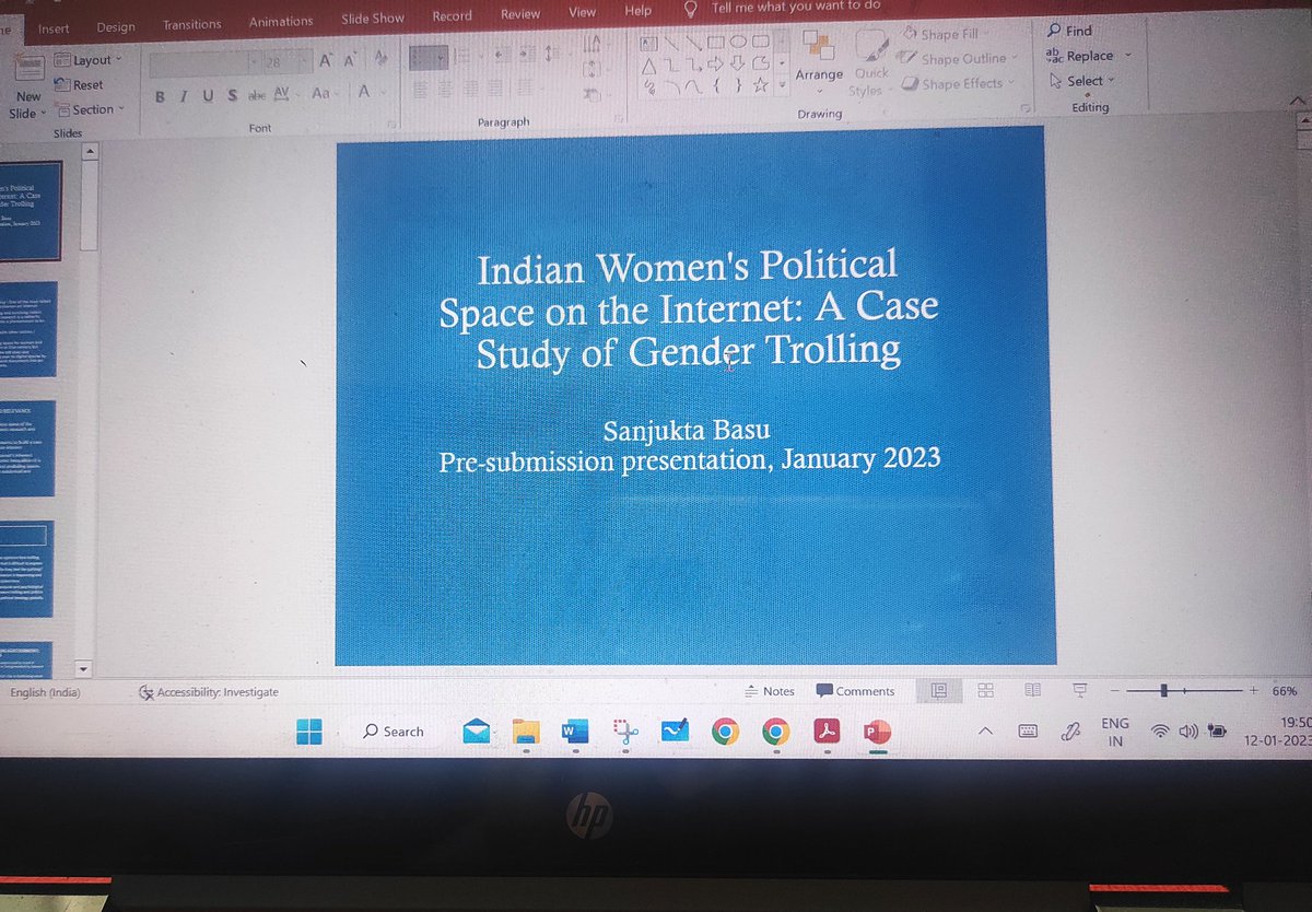 sanjukta's tweet photo. The PPT. PhD research on women's political space and gender based trolling. #phdtopic #phdstudent #phdlife #phd https://t.co/EKeDHrjunM