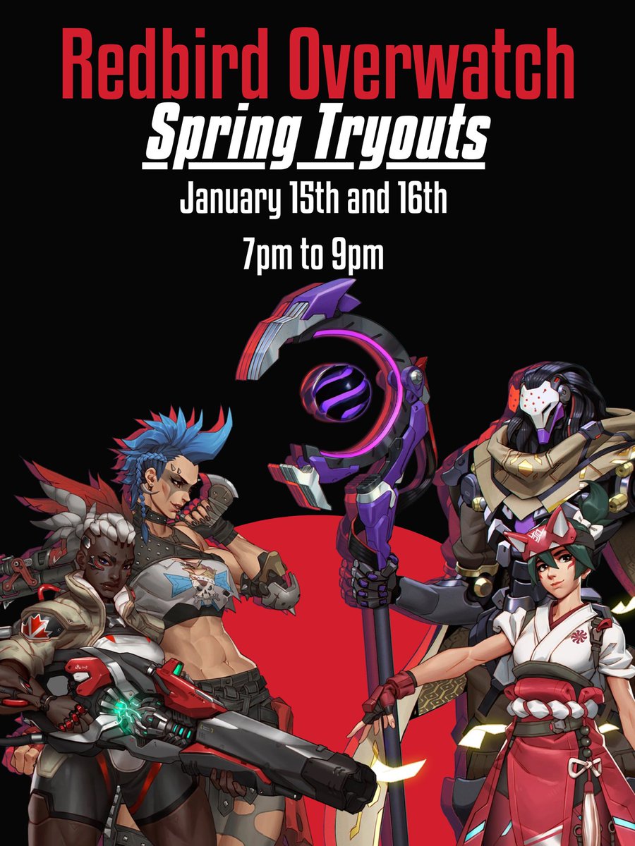 What: Redbird Overwatch Spring Tryouts ❤️

Where: Redbird Overwatch Discord 🖤

When: January 15th and 16th (Sunday &amp; Monday) from 7pm to 9pm ❤️

Why: to fill our Overwatch 2 rosters for the spring season 🖤

How: sign up here (forms.gle/rVsoYfmPYen3qk…) ❤️

Who: YOU! 🖤